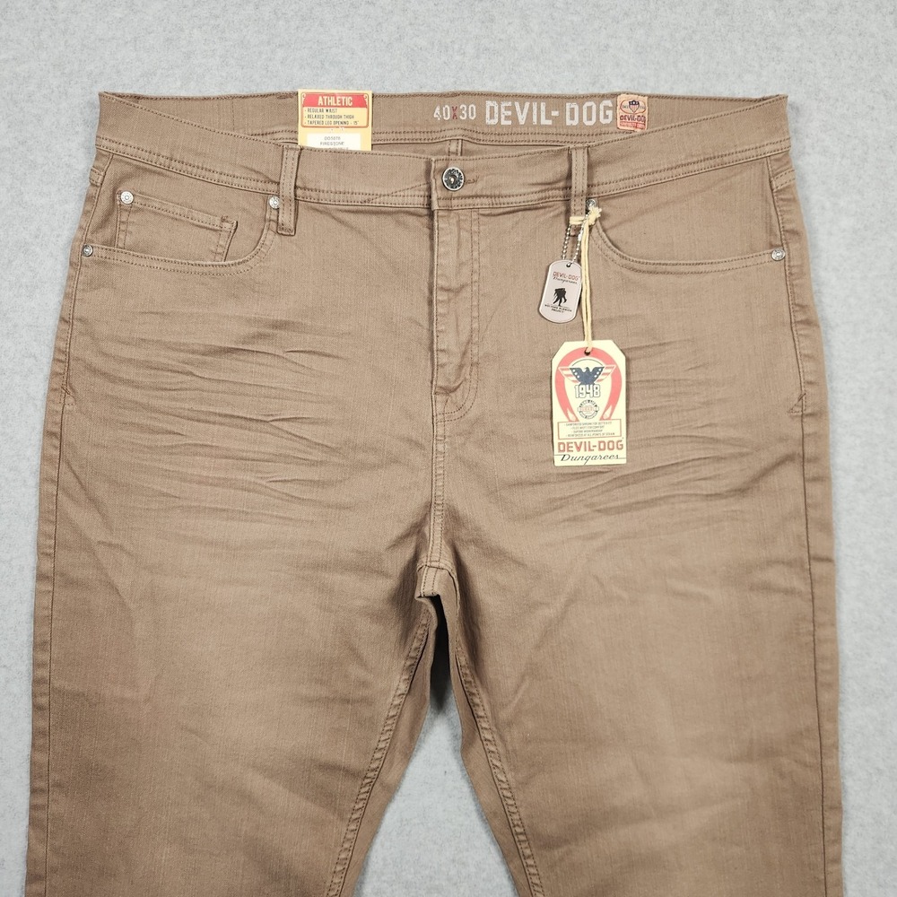 Devil Dog Jeans Men's 40x30 Brown Denim Pants Athletic Fit Taper Dungarees NEW